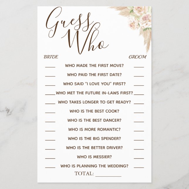 Floral Guess Who Bridal shower game card Flyer (Front)