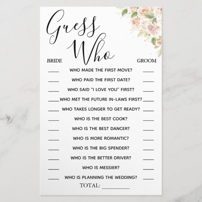 Floral Guess Who Bridal shower game card  Flyer (Front)