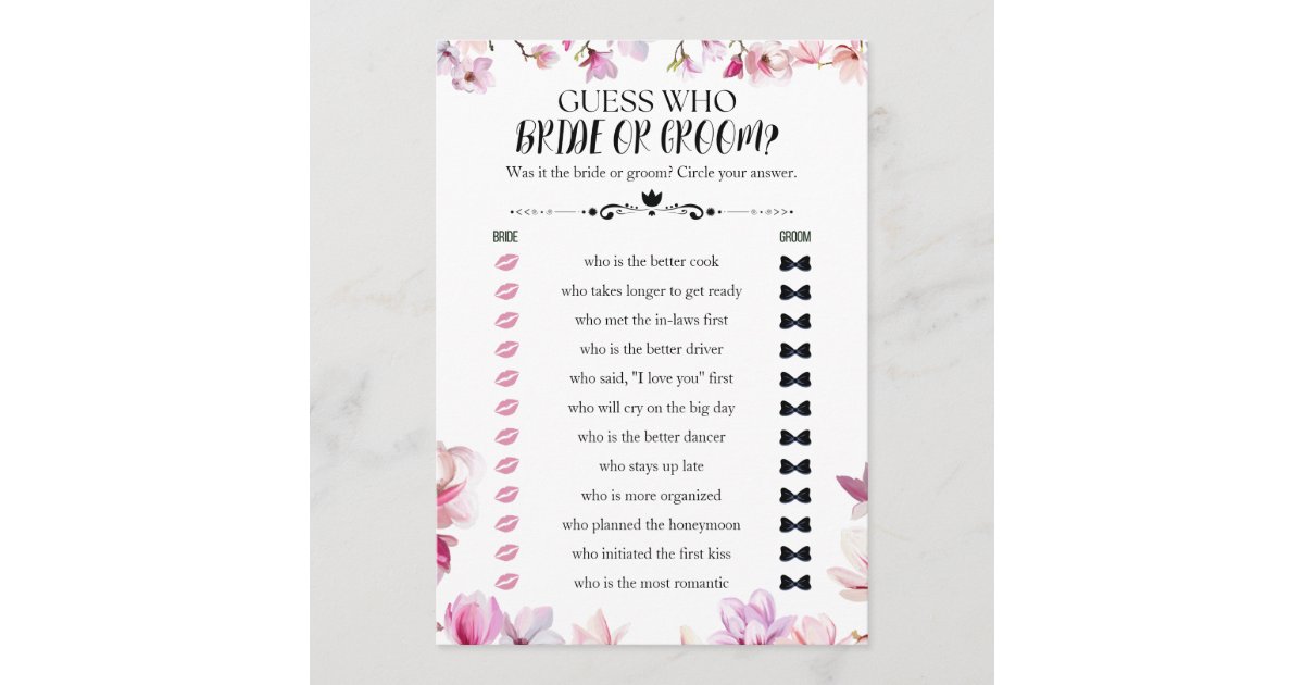 Floral guess who bride or groom bridal shower game invitation