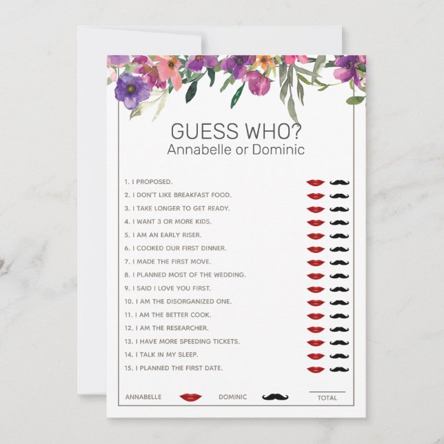 Floral Guess Who Editable Bridal Shower Games Invitation (Front)