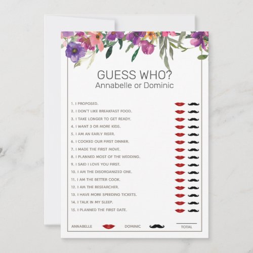 Floral Guess Who Editable Bridal Shower Games Invitation