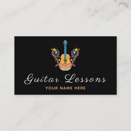 Floral Guitar Lessons Musical Minimalistic Black Business Card