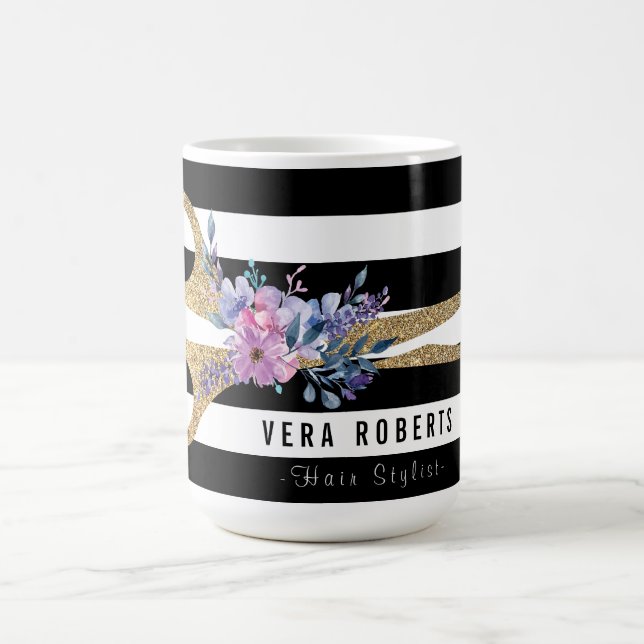 Floral Hair Stylist glitter Scissor Beauty Striped Coffee Mug (Center)