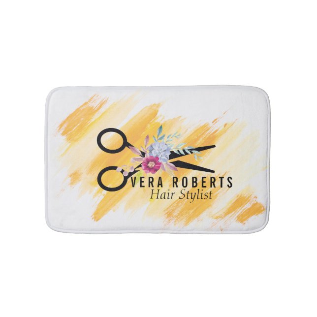Floral Hair Stylist Gold Scissor & Beauty Salon Bath Mat (Front)