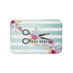 Floral Hair Stylist Gold Scissor & Beauty striped Bath Mat