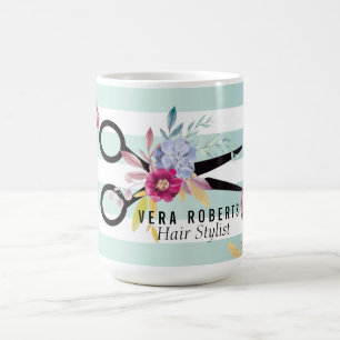 Floral Hair Stylist Gold Scissor & Beauty Striped Coffee Mug