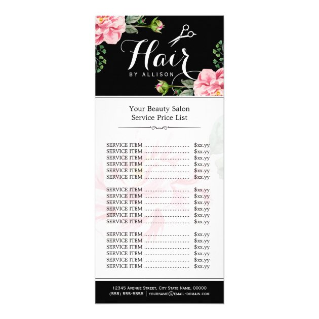 Salon Price List 5 x 7 A7 Flat Card Vintage Floral Hair Stylist or Barber Services Menu