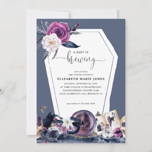 Floral Halloween Coffin Baby is Brewing Shower Invitation