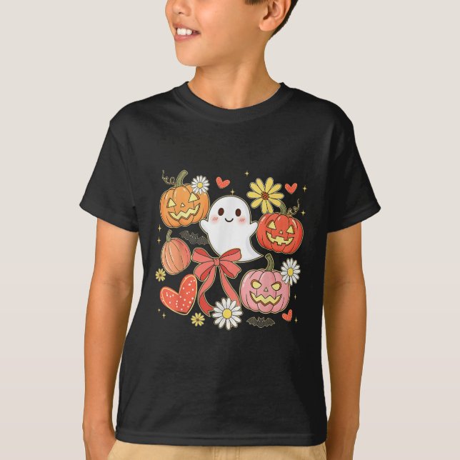 Floral Halloween Ghost Jack-o-lantern Coquette Bow T-Shirt (Front)