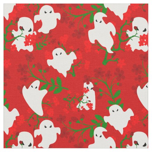 floral halloween ghosts flowers dark red  fabric