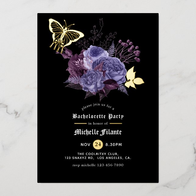 Floral Halloween Gothic Bachelorette Party Foil Invitation (Front)