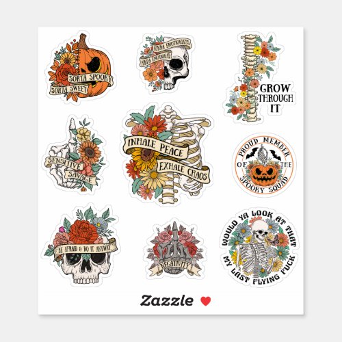 Floral Halloween Pumpkin Skeleton Skull Sticker