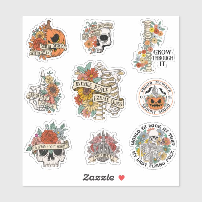 Floral Halloween Pumpkin Skeleton Skull Sticker (Sheet)