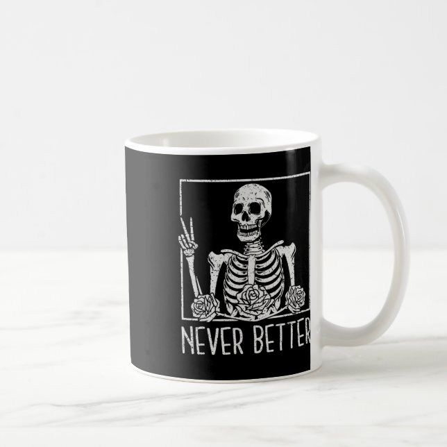 Floral Halloween Skeleton Drinking Coffee Never Be Mug (Right)
