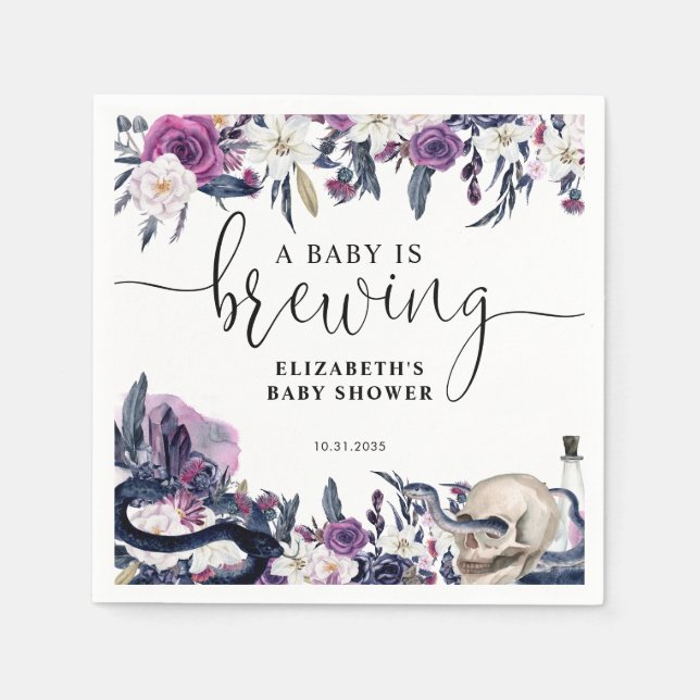 Floral Halloween Skull Baby is Brewing Shower Napkins (Front)
