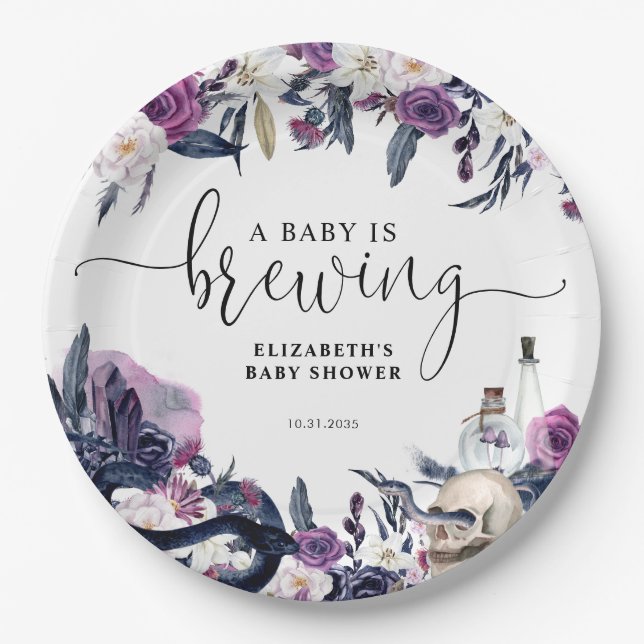 Floral Halloween Skull Baby is Brewing Shower Paper Plates (Front)
