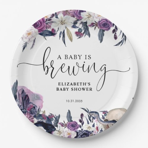Floral Halloween Skull Baby is Brewing Shower Paper Plates