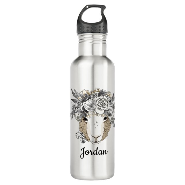 Floral Halo Sheep | Add Your Name Stainless Steel Water Bottle (Front)