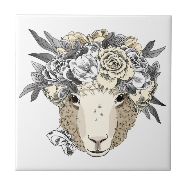 Floral Halo Sheep Ceramic Tile (Front)