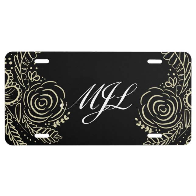 Floral Hand Drawn Monogrammed  License Plate (Front)