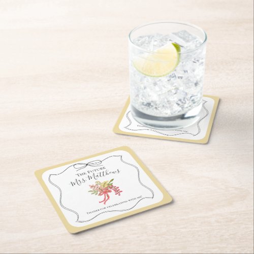 Floral Hand Drawn Simple Bow Yellow Bridal Shower Square Paper Coaster
