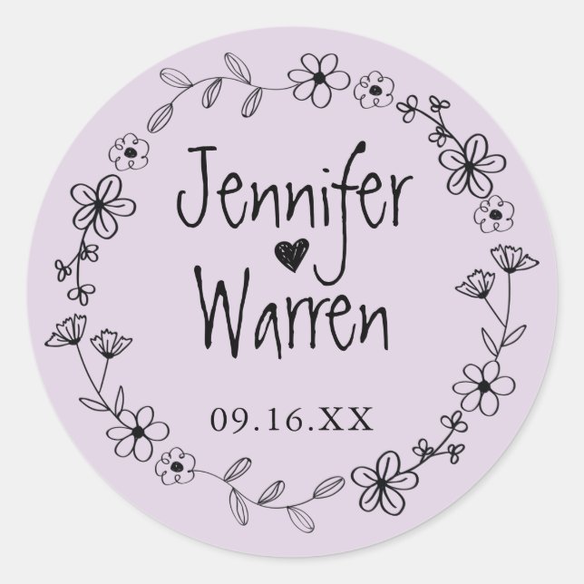 Floral Hand Drawn Wreath Personalized Lavender Classic Round Sticker (Front)