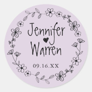 Floral Hand Drawn Wreath Personalized Lavender Classic Round Sticker