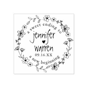 Floral Hand Drawn Wreath Personalized Wedding Rubber Stamp