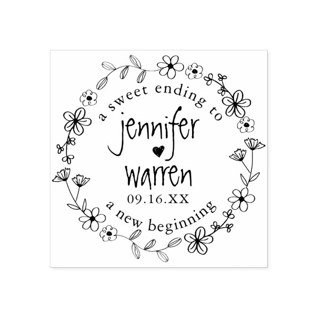 Floral Hand Drawn Wreath Personalized Wedding Rubber Stamp (Imprint)