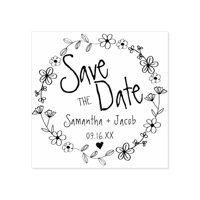 Floral Hand Drawn Wreath Wedding Save The Date Rubber Stamp (Imprint)