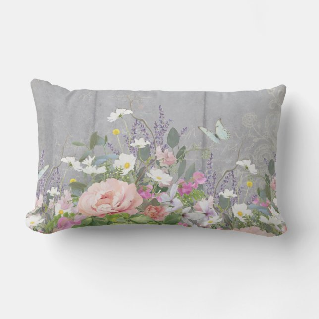 Floral Hand Painted Peony Wild Flowers Rustic Wood Lumbar Pillow (Front)