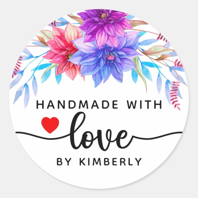 Floral Handmade with Love Classic Round Sticker (Front)