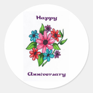 Floral Happy Anniversary Classic Round Sticker