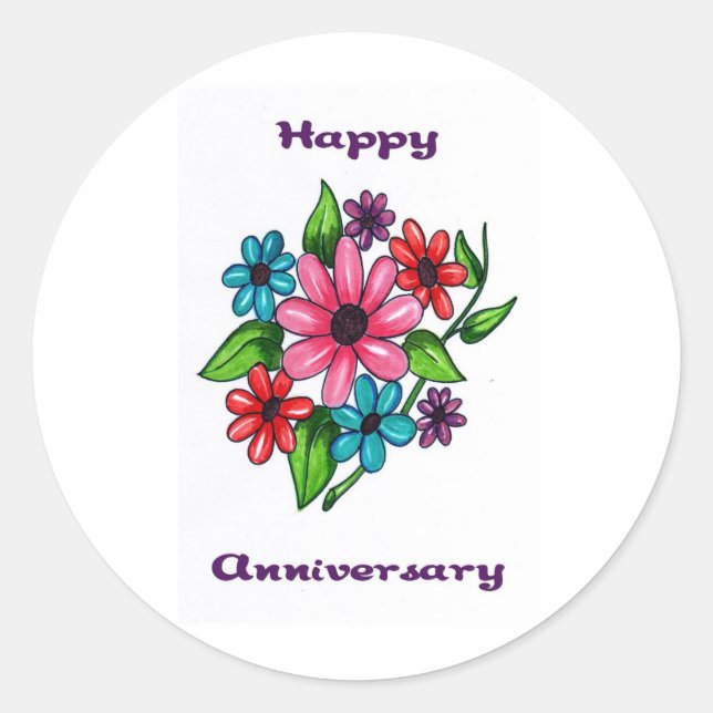 Floral Happy Anniversary Classic Round Sticker (Front)