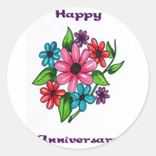 Floral Happy Anniversary Classic Round Sticker