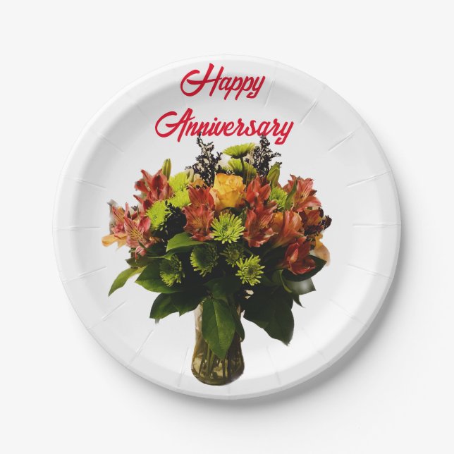 Floral Happy Anniversary Paper Plates (Front)