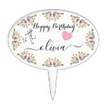 Floral Happy Birthday Cake Pick with Custom Text