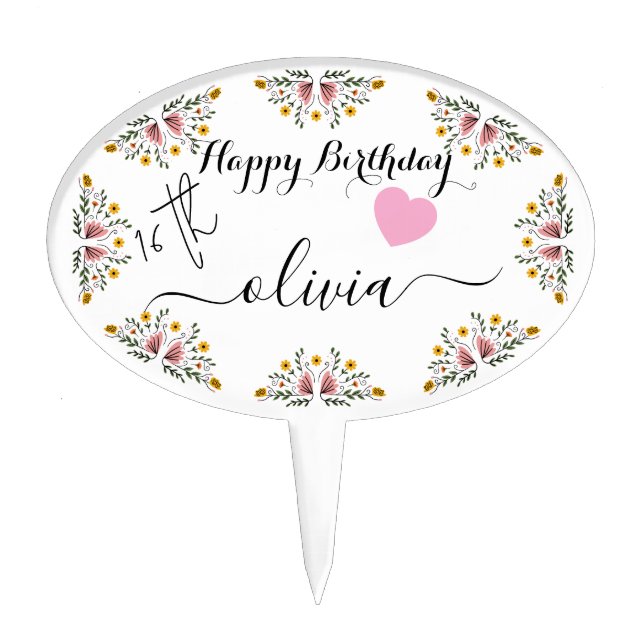 Floral Happy Birthday Cake Pick with Custom Text (Front)