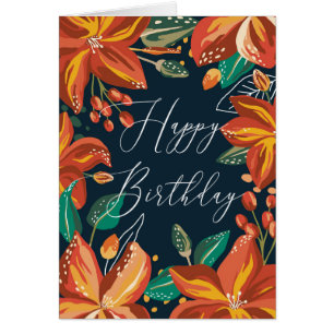 Floral Happy birthday. Red navy flowers. Friends Cards