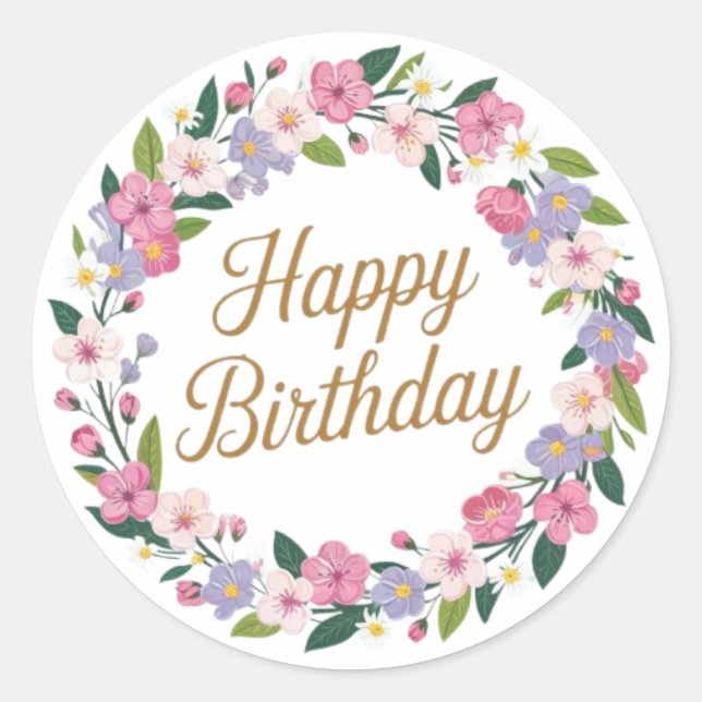 Floral Happy Birthday Wreath Personalized Greeting Classic Round Sticker (Front)
