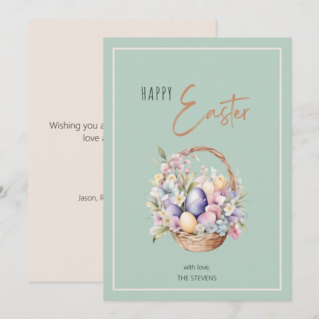 Floral Happy Easter Basket Greetings Holiday Card (Front/Back)