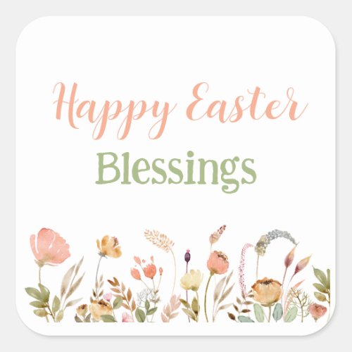 Floral Happy Easter Blessing Classy Custom Text  Square Sticker