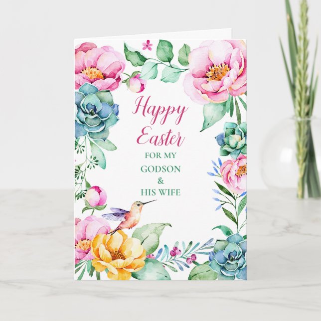 Floral Happy Easter Godson and His Wife Holiday Card (Front)