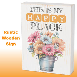 Floral happy place orange rustic wooden box sign