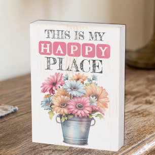 Floral happy place pink rustic wooden box sign