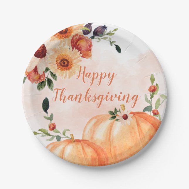 Floral Happy Thanksgiving Paper Plates (Front)