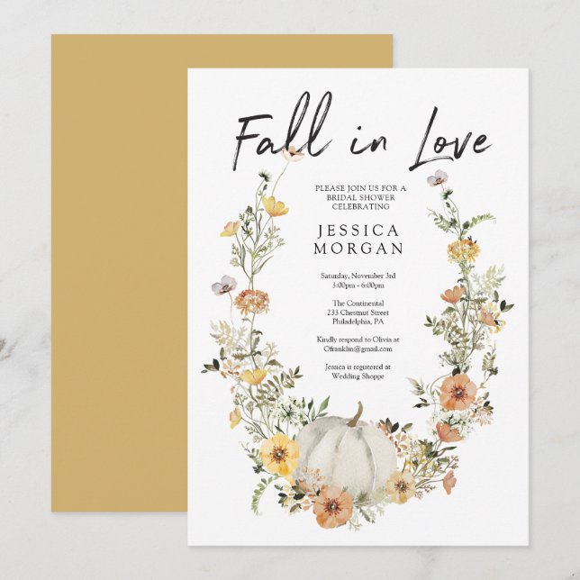 Floral Harvest Pumpkin Fall in Love Bridal Shower  Invitation (Front/Back)