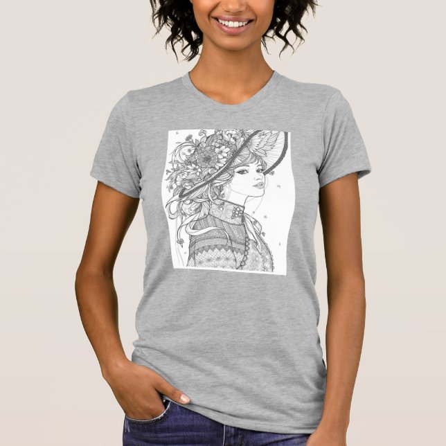 Floral Hat Lady Ink Art T-Shirt (Front)