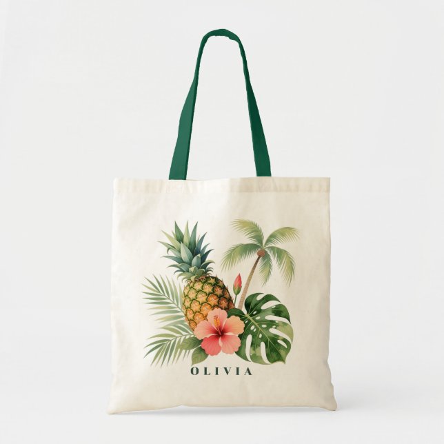 Floral Hawaii Pineapple & Hibiscus Summer Name Tote Bag (Front)