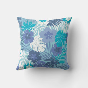 Floral Hawaiian Blue Tones Throw Pillow